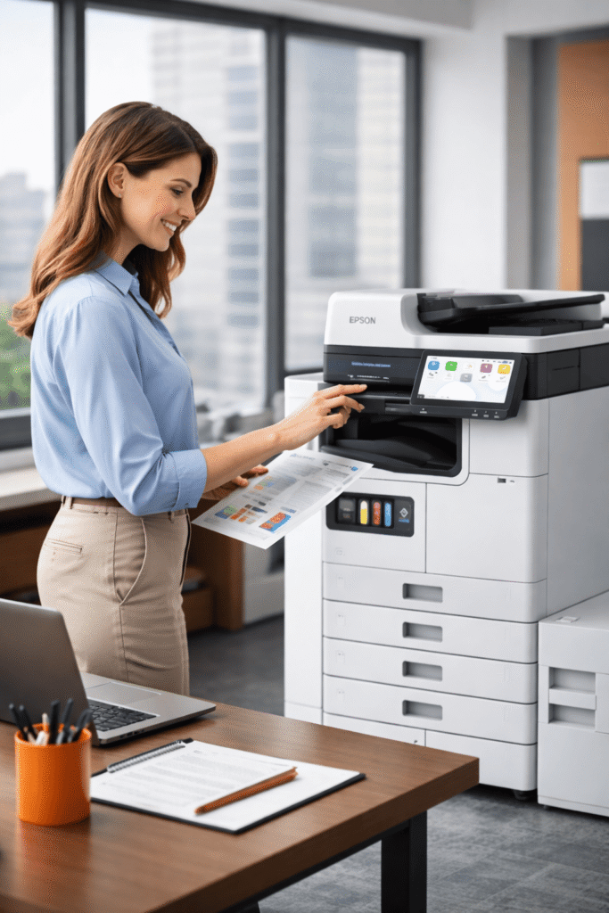 Impressora WorkForce sendo operado por uma executiva imprimindo documentos com qualidade profissional